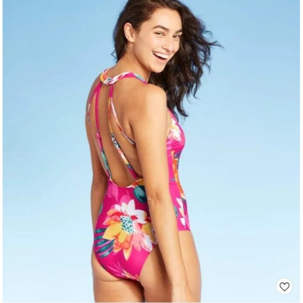 Kona Sol One Piece Swimsuit Size Small Womens Tropical Floral Pink V Neck - Picture 3 of 9